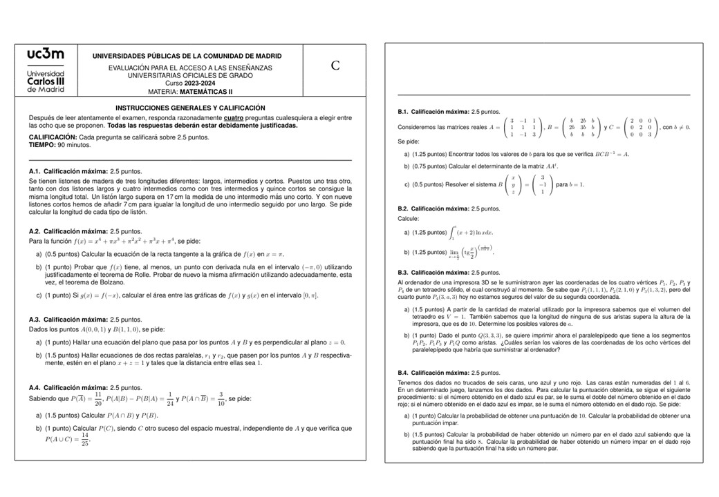 Examen Matemáticas Selectividad Madrid (EBAU) 2024 - Didactys