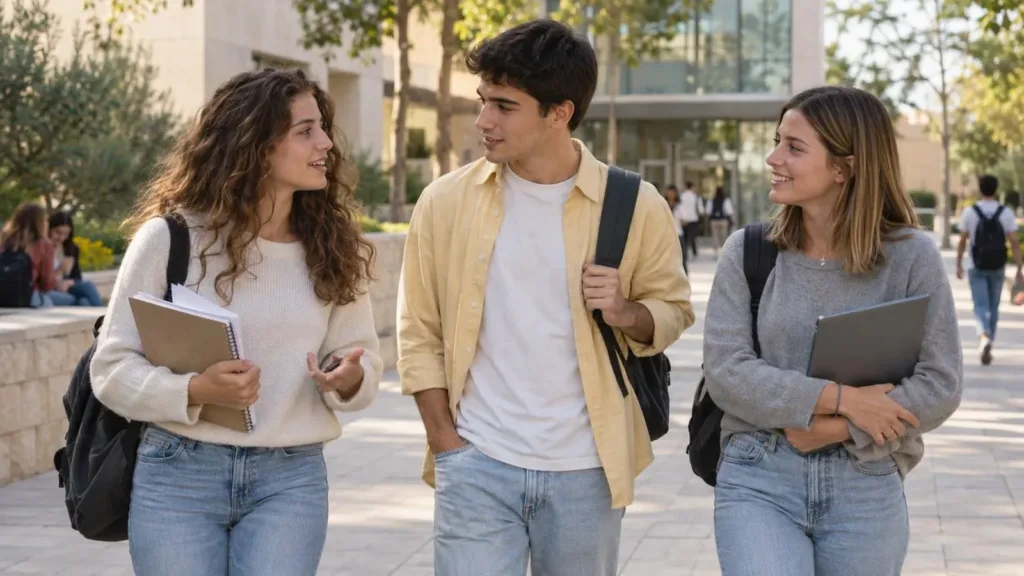 Tres jóvenes con mochilas y apuntes conversan en un campus universitario
