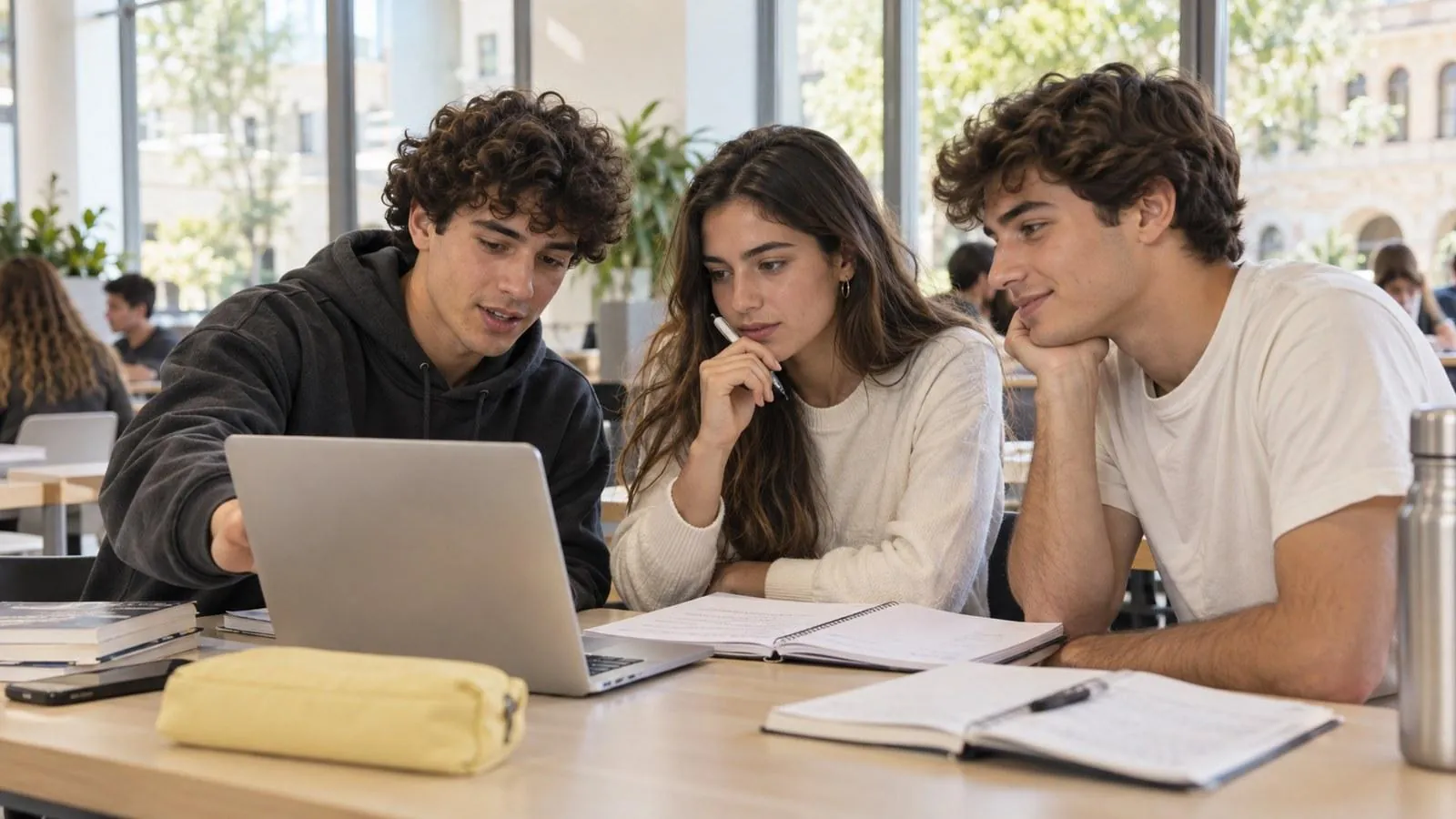 Tres jóvenes estudian juntos con un portátil en un espacio de estudio luminoso
