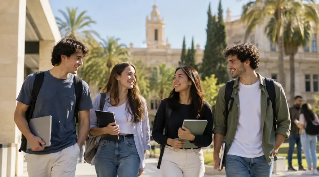 Estudiantes internacionales caminando por un campus universitario en España