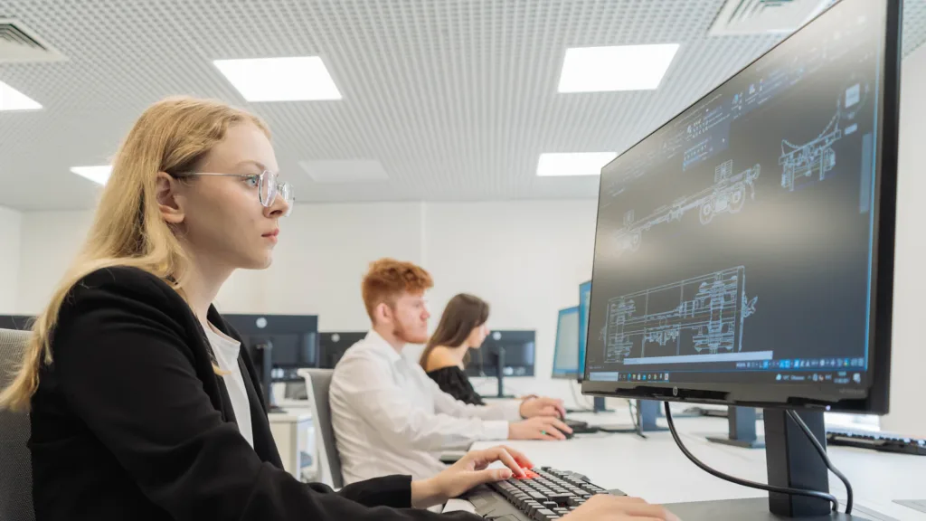Estudiante realizando un examen digital en un ordenador en un aula de examen