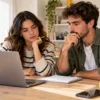 Dos jóvenes comparan opciones de estudio y trabajo con un ordenador y un cuaderno.