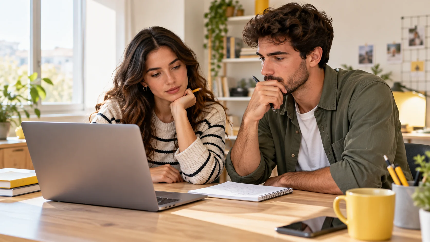 Dos jóvenes comparan opciones de estudio y trabajo con un ordenador y un cuaderno.