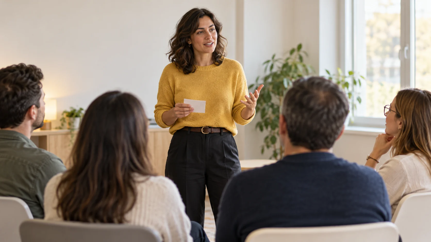 Una mujer practica una intervención ante un pequeño grupo de personas en una sala de formación.