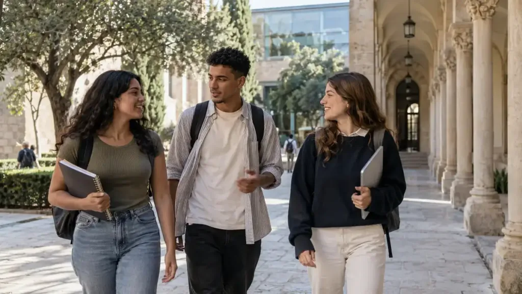 Estudiantes internacionales caminando por el campus de una universidad española